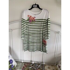 Blair Women’s 3/4 Length Fall Green Stripe Floral Shirt Top Size Large